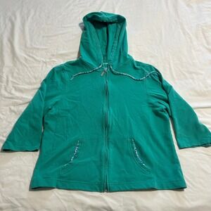Pacer Womens Green 3/4 Sleeve Full Zip Hoodie Pique Knit Sweatshirt Large